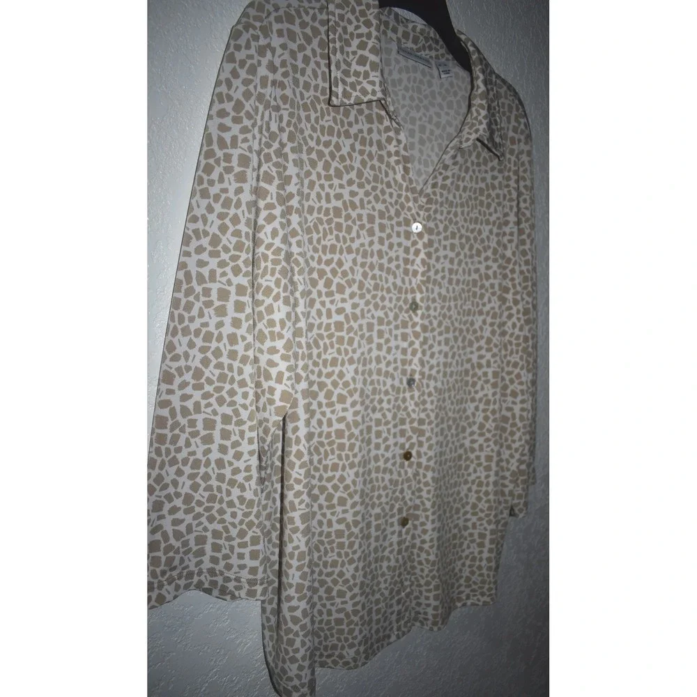Susan Graver XL Stretch Blouse Button Front Mosaic Print 3/4 Sleeve Tan White - Picture 10 of 16